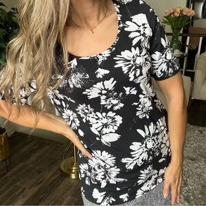 Giorgio Grati Vintage Sweetheart Neck Floral Beaded Black White Top T-Shirt M